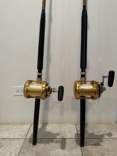 Two Penn International 50VSW reels on Penn 50-100lb rods